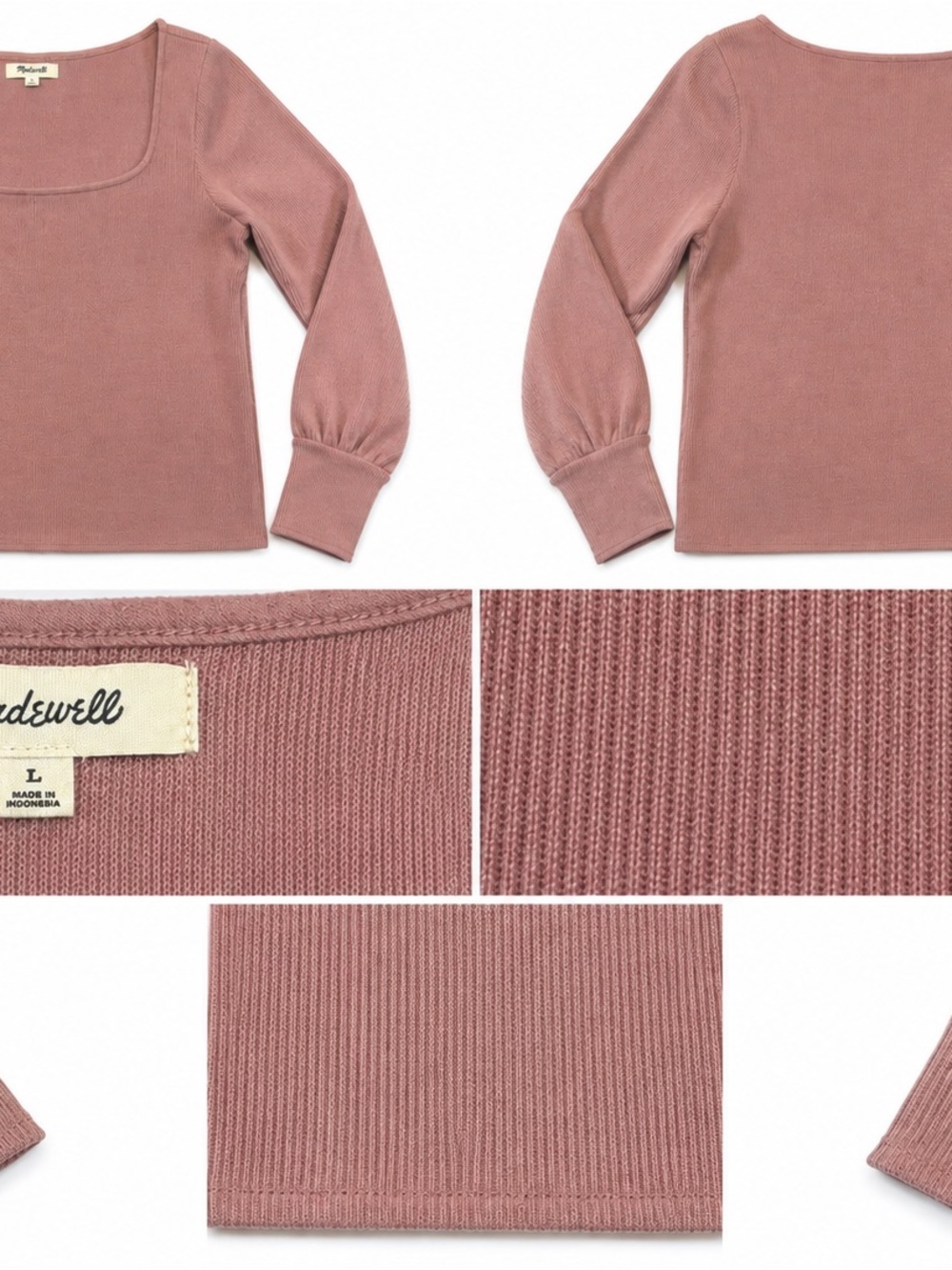 Madewell Dusty Rose Ribbed Square Neck Puff Sleeve Top L